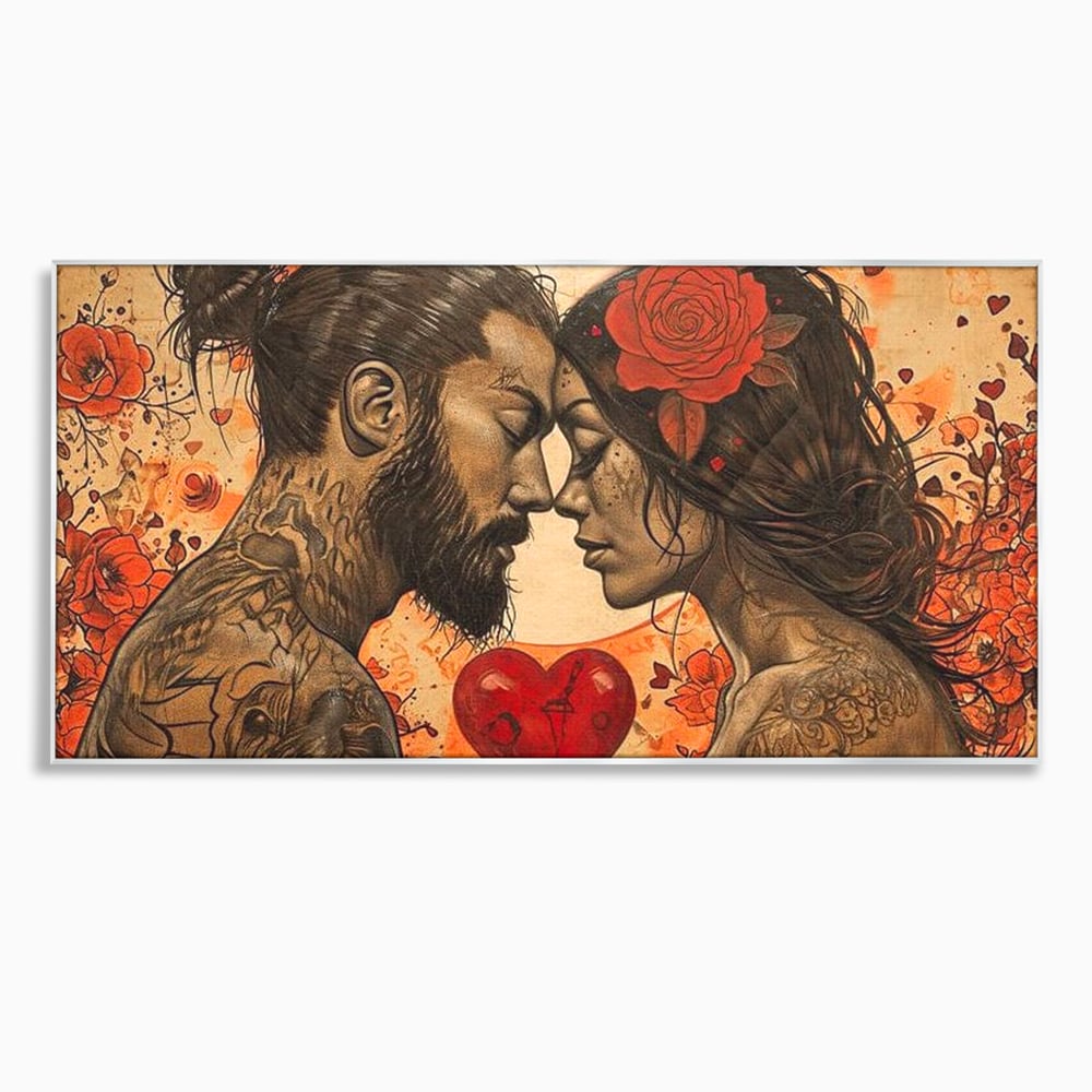 Tablou canvas cu tablou canvas cu un cuplu cu tatuaje si trandafir rosu, in rama de aluminiu argintiu